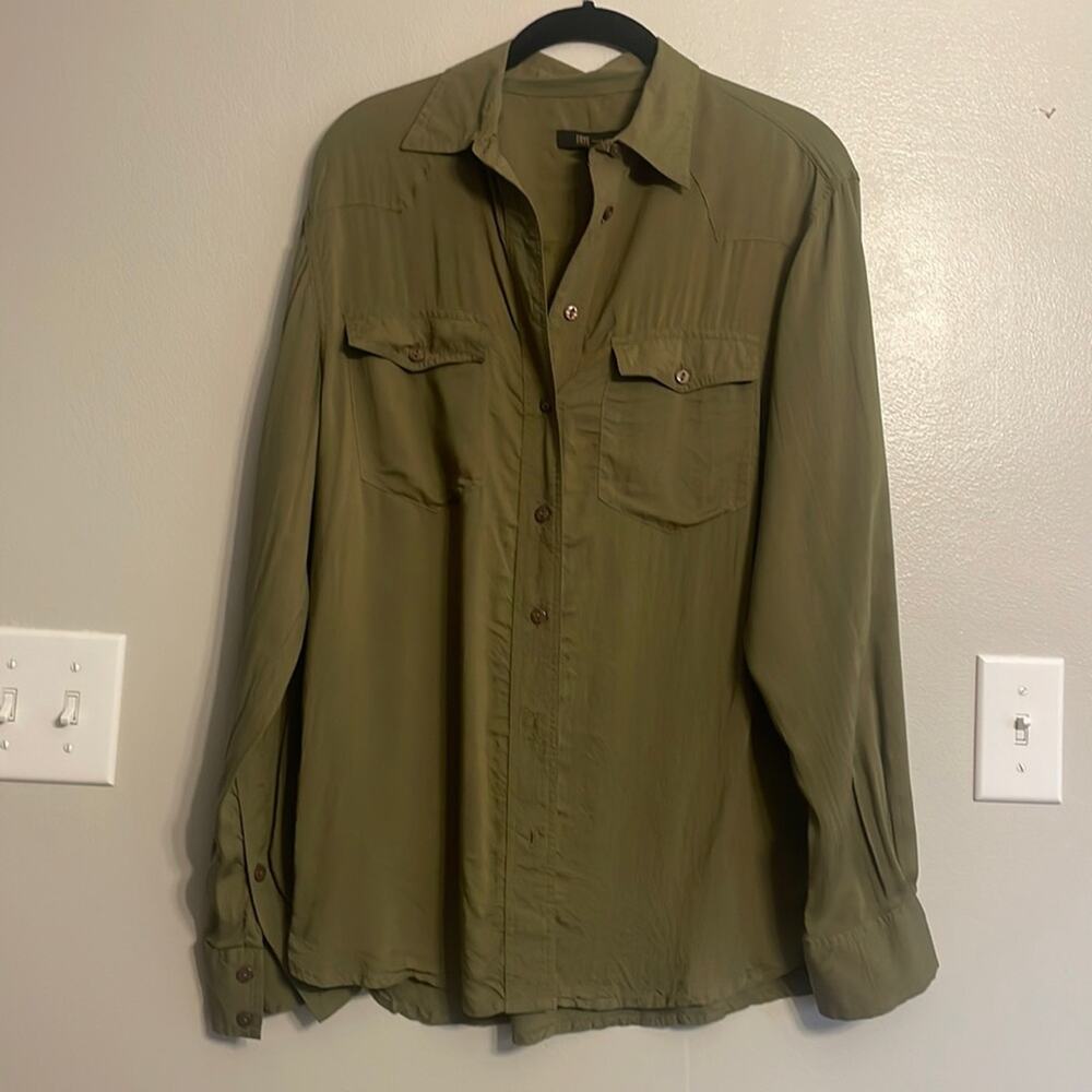 Frye Olive green button down shirt top S rayon